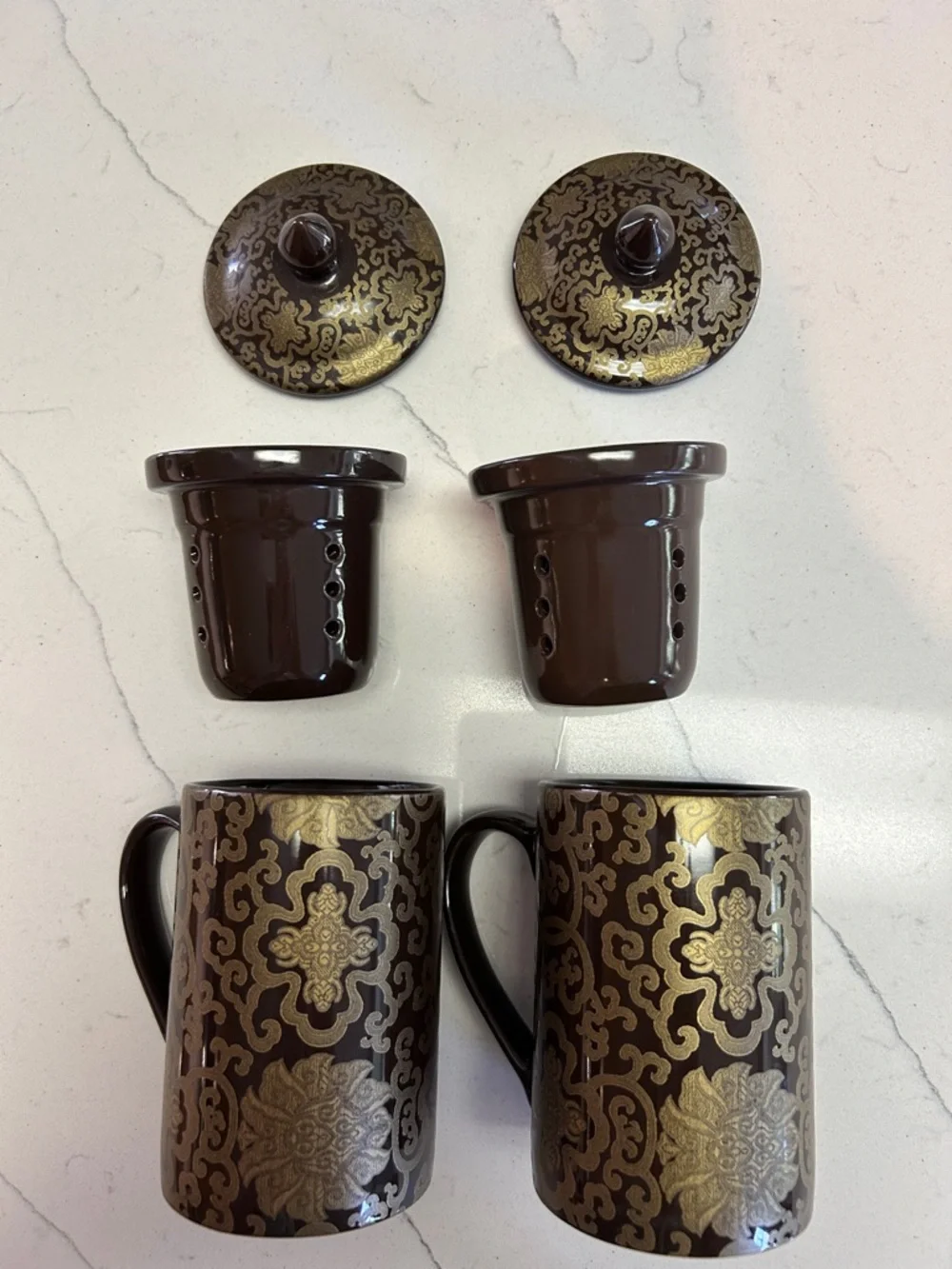 Pottery Barn Brown Chinoise Ceramic Tea Infuser or Coffee Mugs With Lids